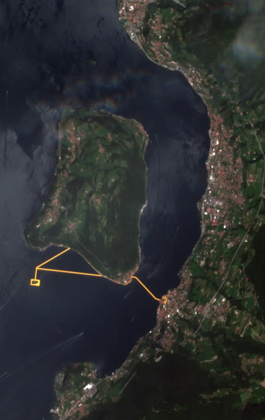 floating piers on Lake Iseo Italy from satellite