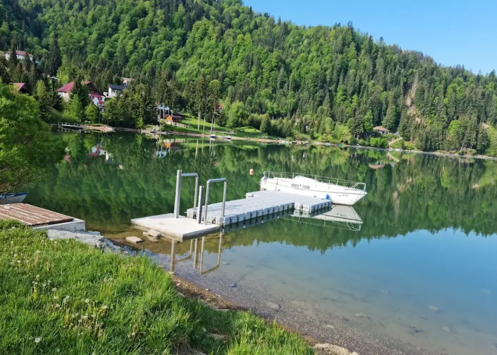 BulDock floating dock system on a tranquil lake.
